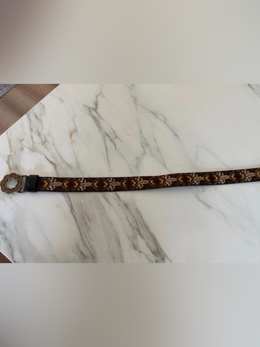 Lucky Brand Embroidered Leather Belt Floral Buckle Brown Boho Size Small